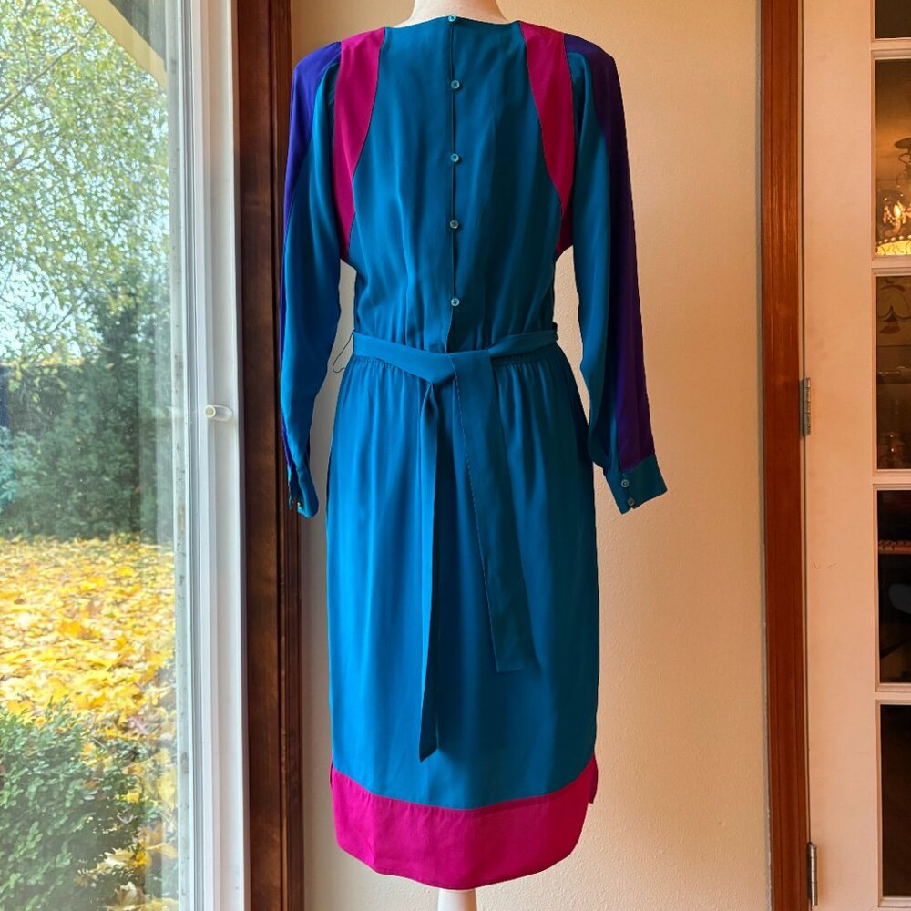 VTG 80s Argenti 100% Silk Midi Dress Colorblock Teal Barbie Pink Mrs. Wheeler - Picture 4 of 9